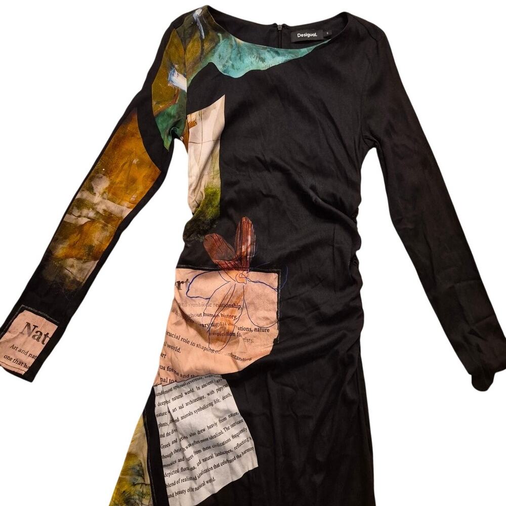 Desigual Patchwork Print Ruched Midi Dress With Graphic Long Sleeves - Picture 5 of 11